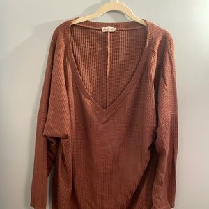 Waffle print v-neck long sleeve